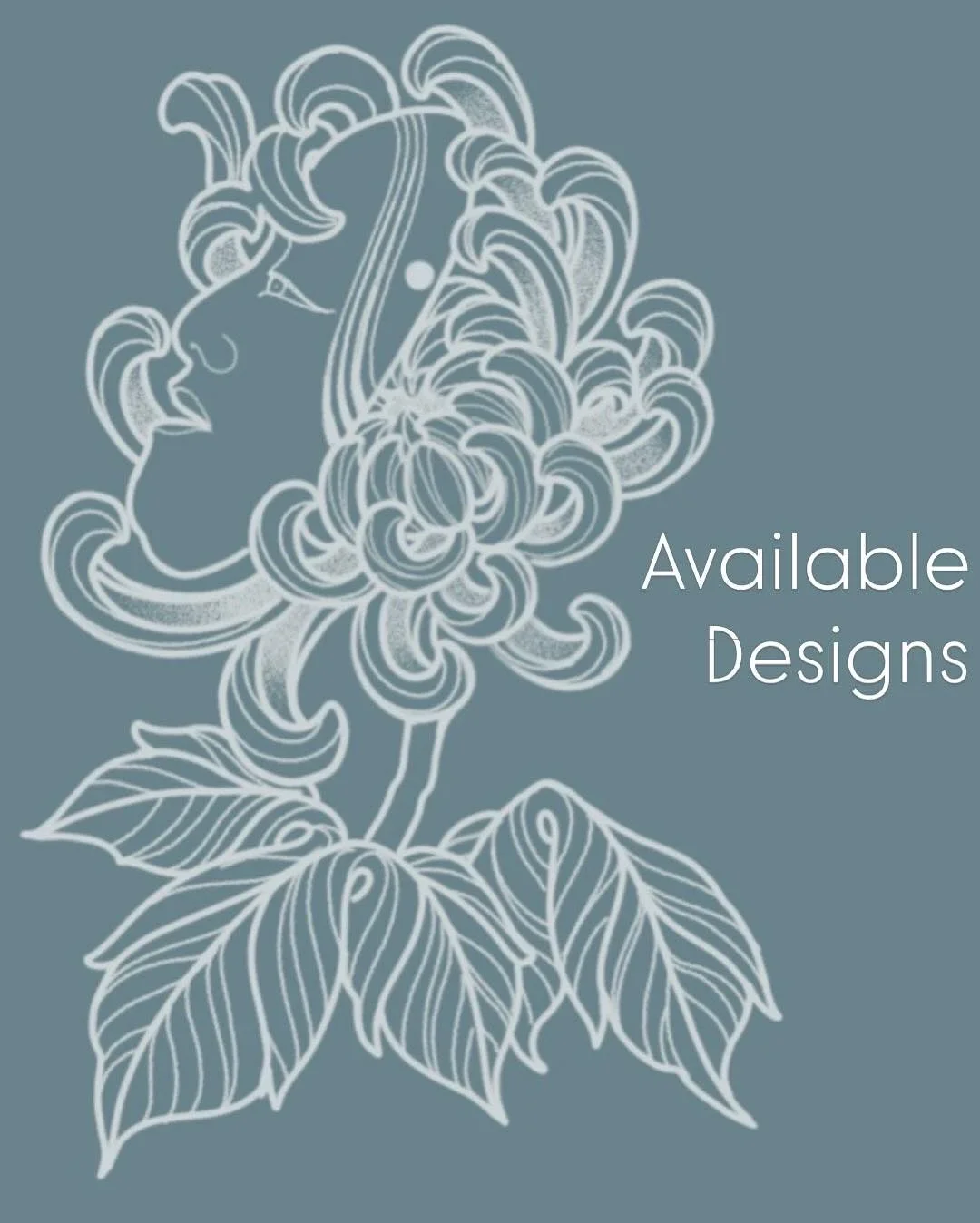 Available design. White line work on blue grey ground. Ko-omote Noh mask paired with large kiku chrysanthemum bloom and buds. Study in traditional Japanese beauty, youth, and impermanence. Delicate line weight merging mask and floral to flow with the