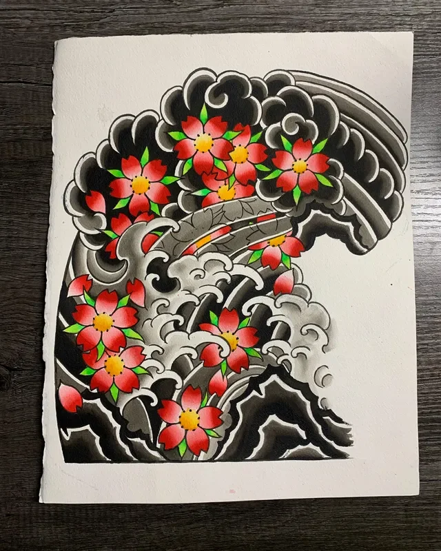 Traditional Japanese style artwork featuring waves and red flowers with yellow centers and green leave