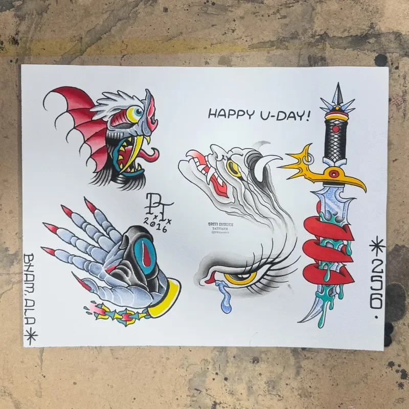 Early traditional flash sheet by Brett Semrick from 2016 Birmingham, AL era. Four designs: red winged demon bat head, crying eye with horned oni spirit, skeleton hand with dagger eye, and jeweled dagger with lips. Watercolor and ink on paper.
