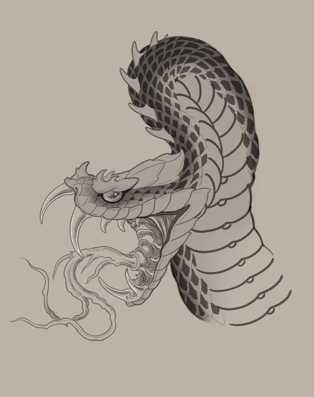 Black and grey hebi snake head study. Fanged viper with detailed scales and flowing tongue, rendered with traditional Japanese line work and whip shading for arm or leg placement.
