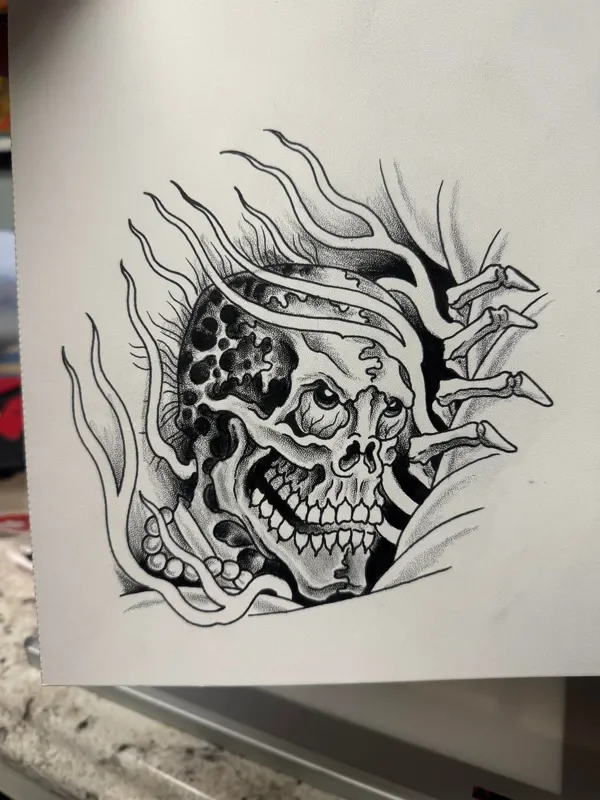 Black and grey horror drawing. Decaying skull with flame hair and melting flesh, emerging from behind a curtain gripped by skeleton hands. Dotwork shading and heavy black with white highlight. Japanese horror and yokai influence blended with traditio