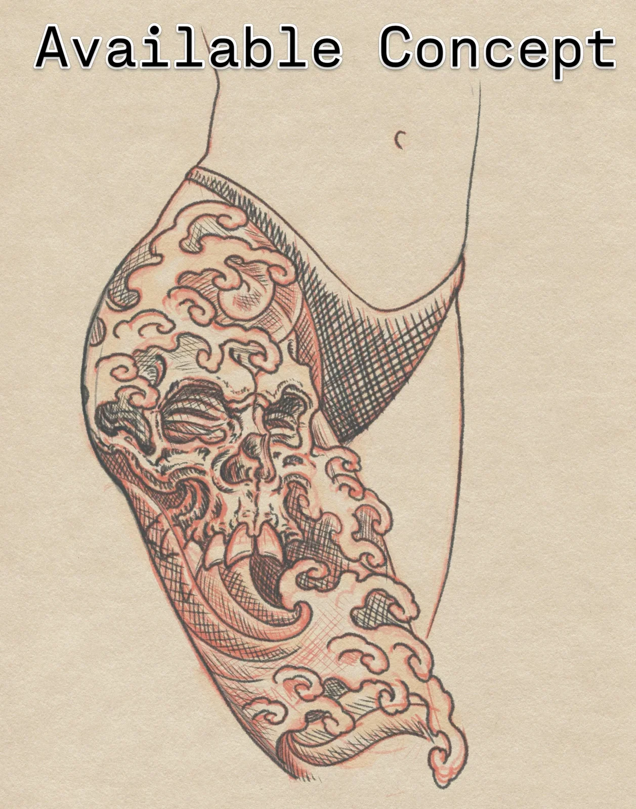 Available design. Black and grey study combining skull and Japanese water. Classic combination of impermanence and flow, designed with traditional nami and wind bars to wrap a thigh or shin. Traditional and digital drawing exploring death and life in