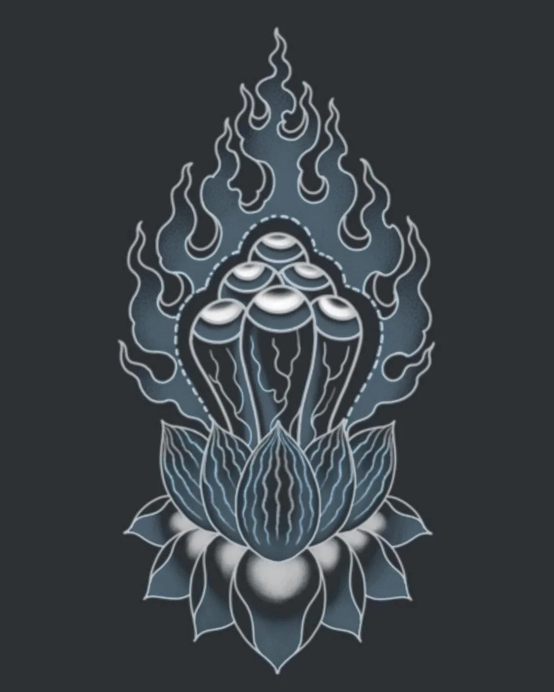 Digital art exploring hasu lotus and sacred jewel motif with kaen flame background. Created in traditional Japanese tattoo structure with modern digital rendering.
