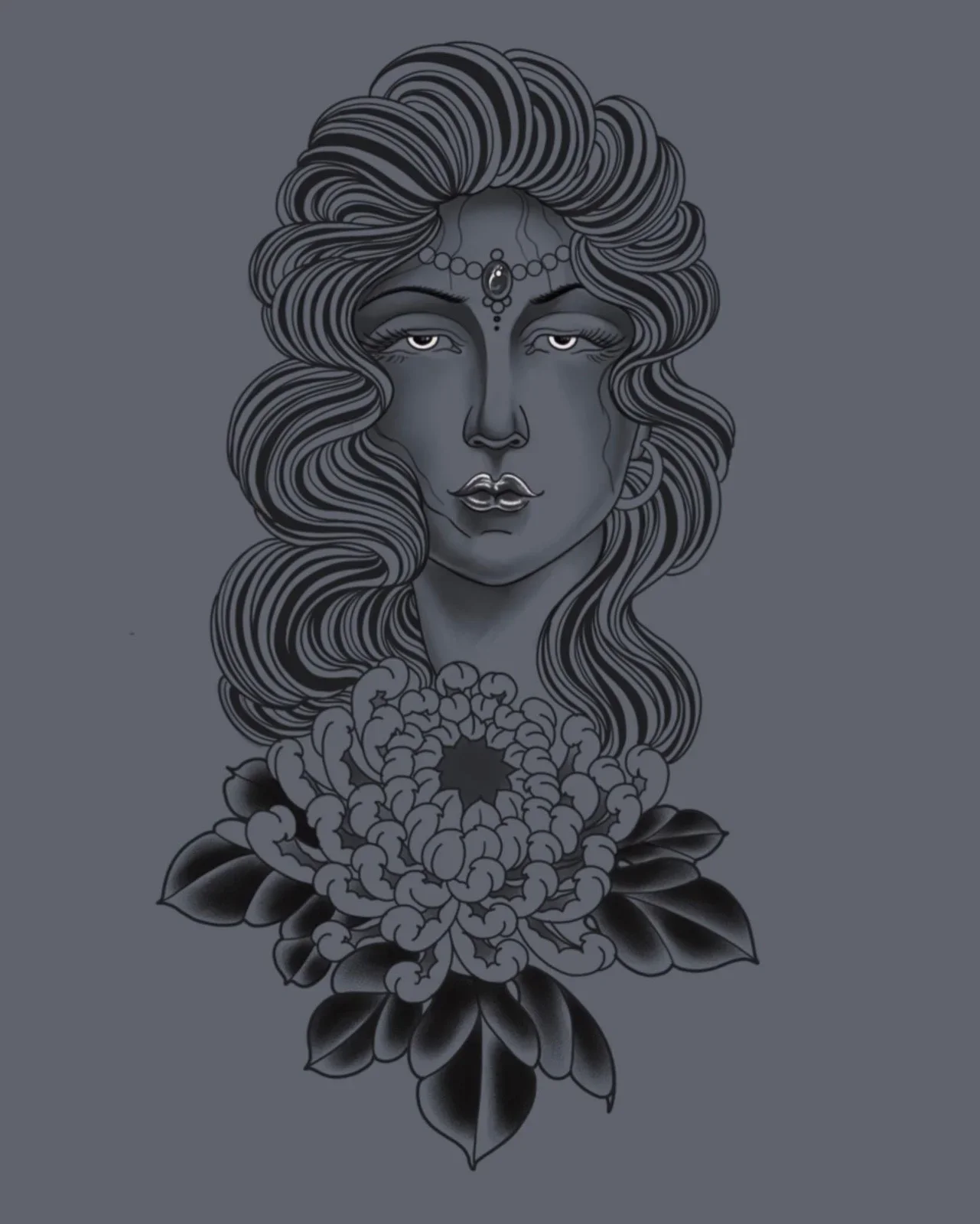 Original digital painting combining bijin beauty portrait with large kiku chrysanthemum. Traditional line weight with soft black and grey shading, exploring Japanese folklore and feminine imagery.
