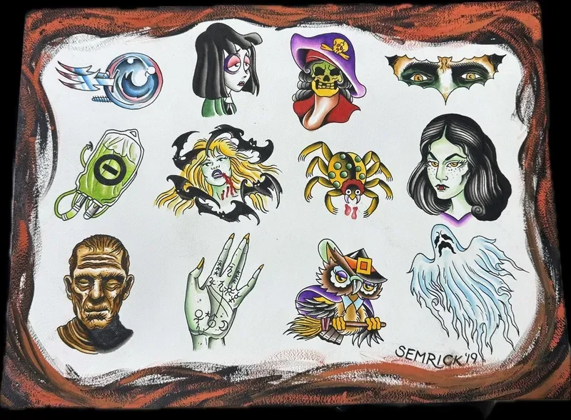 Halloween themed traditional flash sheet signed Semrick 19. Twelve designs including bat eye, vampire lady, pirate skull, blood bag IV, screaming woman with bats, spider clown, green ghoul woman, Frankenstein, fortune hand, witch owl, crying ghost. W