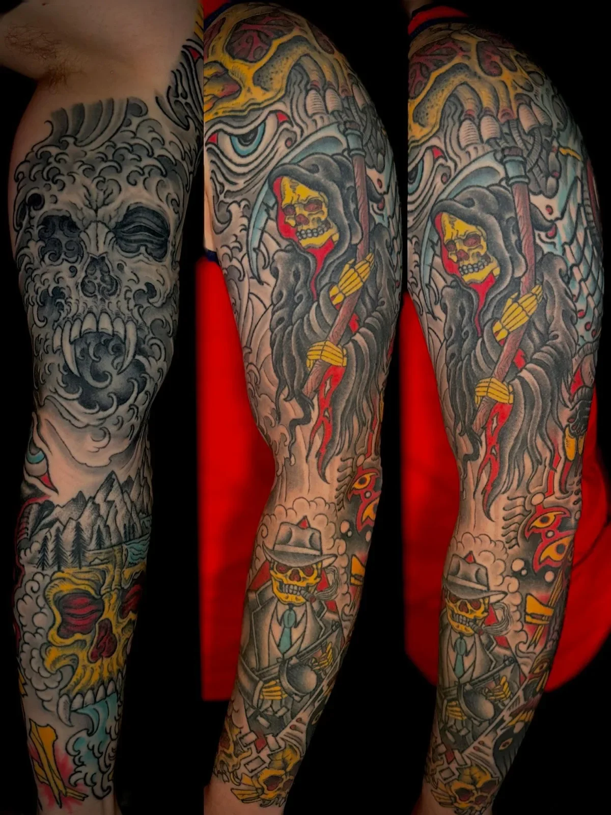 Full custom sleeve by Brett Semrick at Remington Tattoo, North Park San Diego. Neo-traditional meets Japanese - healed skulls, grim reaper, gangster and nature.
