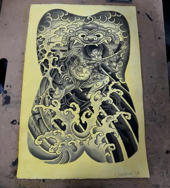Original large scale Japanese painting signed Semrick 25. Samurai in dynamic action with katana fighting through kumo clouds and nami waves beneath large shishi mask. Detailed horimono bodysuit with hebi snake. Sumi ink wash on Arches paper for back 