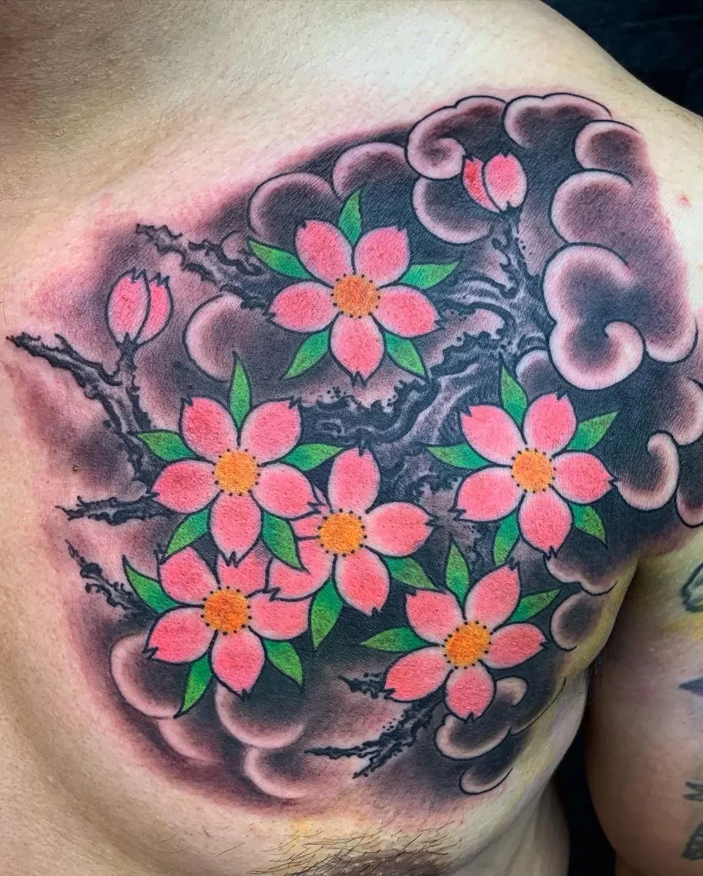 Sakura chest cap — six blossoms with green leaves, gnarled branch and dark sumi clouds. Soft color over bold black to pop on skin.
