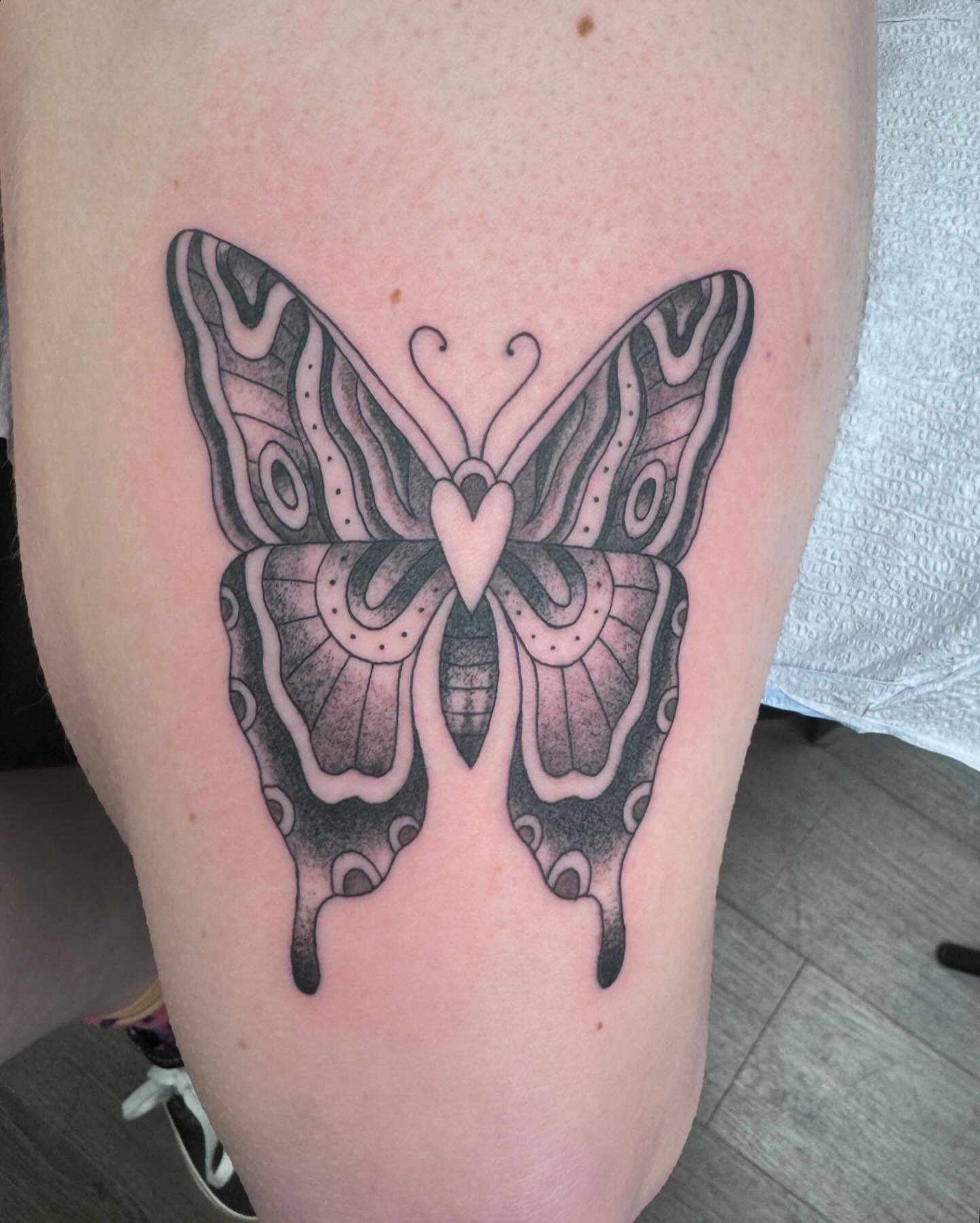  Large ornamental moth / butterfly with heart centerpiece. Bold traditional linework with dotwork shading.
