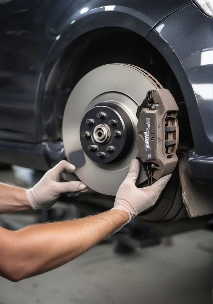 Inspecting a vehicle brake rotor and caliper assembly during a brake replacement service.