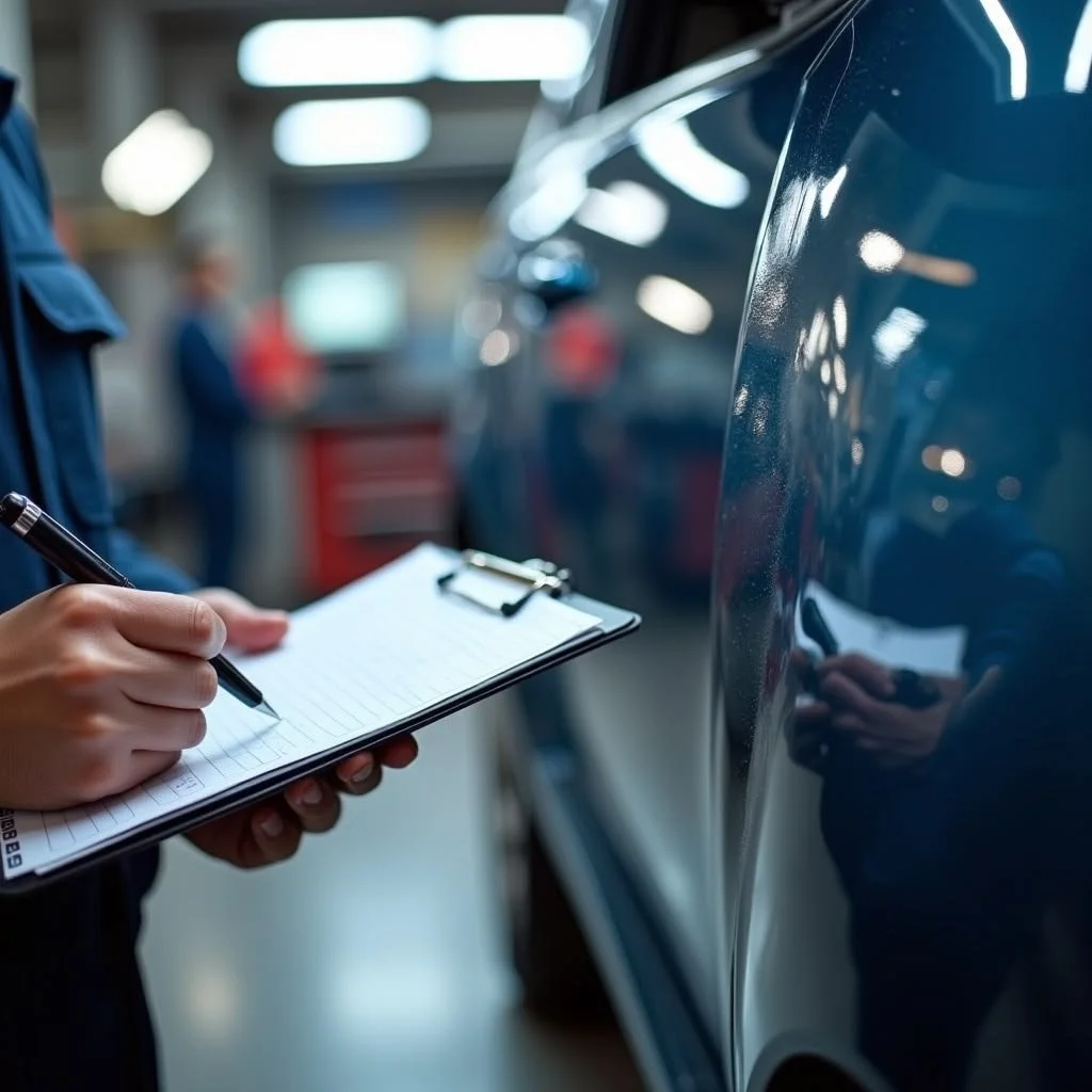 Automotive technician performing a comprehensive multi-point vehicle inspection.