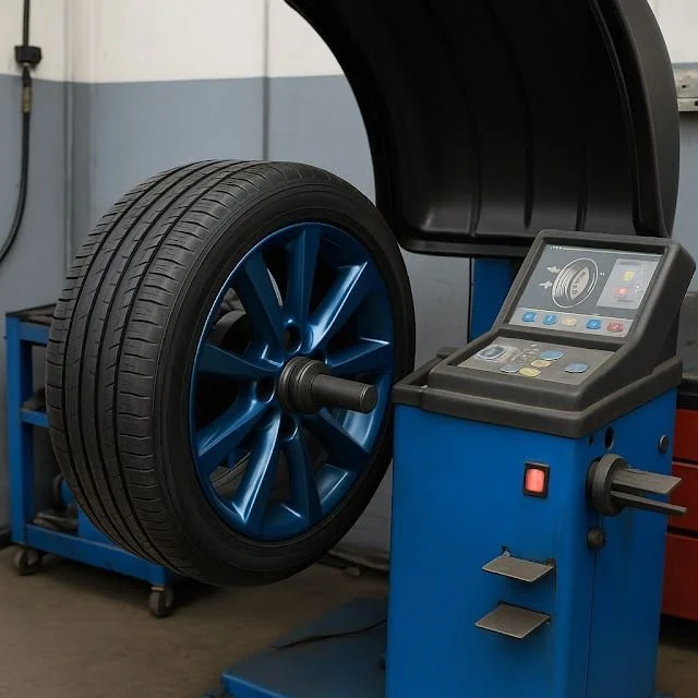 Wheel and tire mounted on a digital balancer for high-speed wheel balancing.
