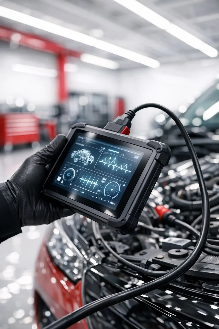 Automotive technician using a diagnostic scanner for vehicle engine diagnostics at Bauer Automotive in Anacortes