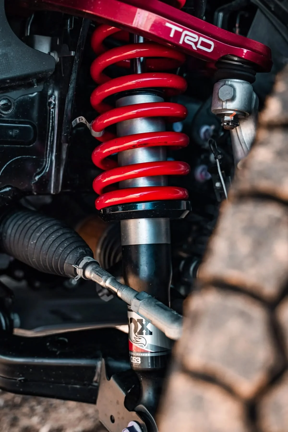 Aftermarket coilover suspension shocks configured for automotive performance tuning.