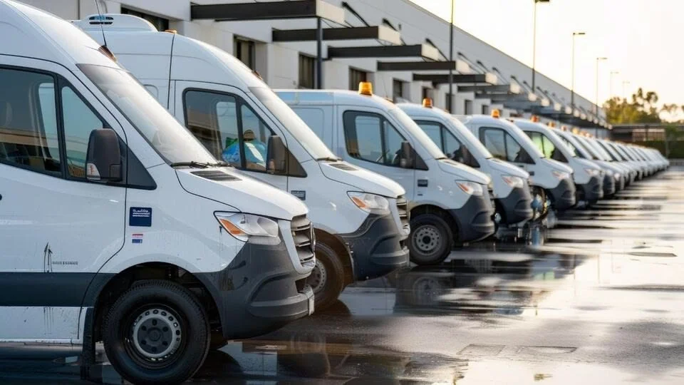 Commercial fleet vehicles parked for routine maintenance service at Bauer Automotive in Anacortes.