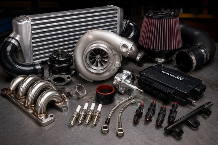 OEM and aftermarket engine components including turbocharger and intercooler for auto repair.