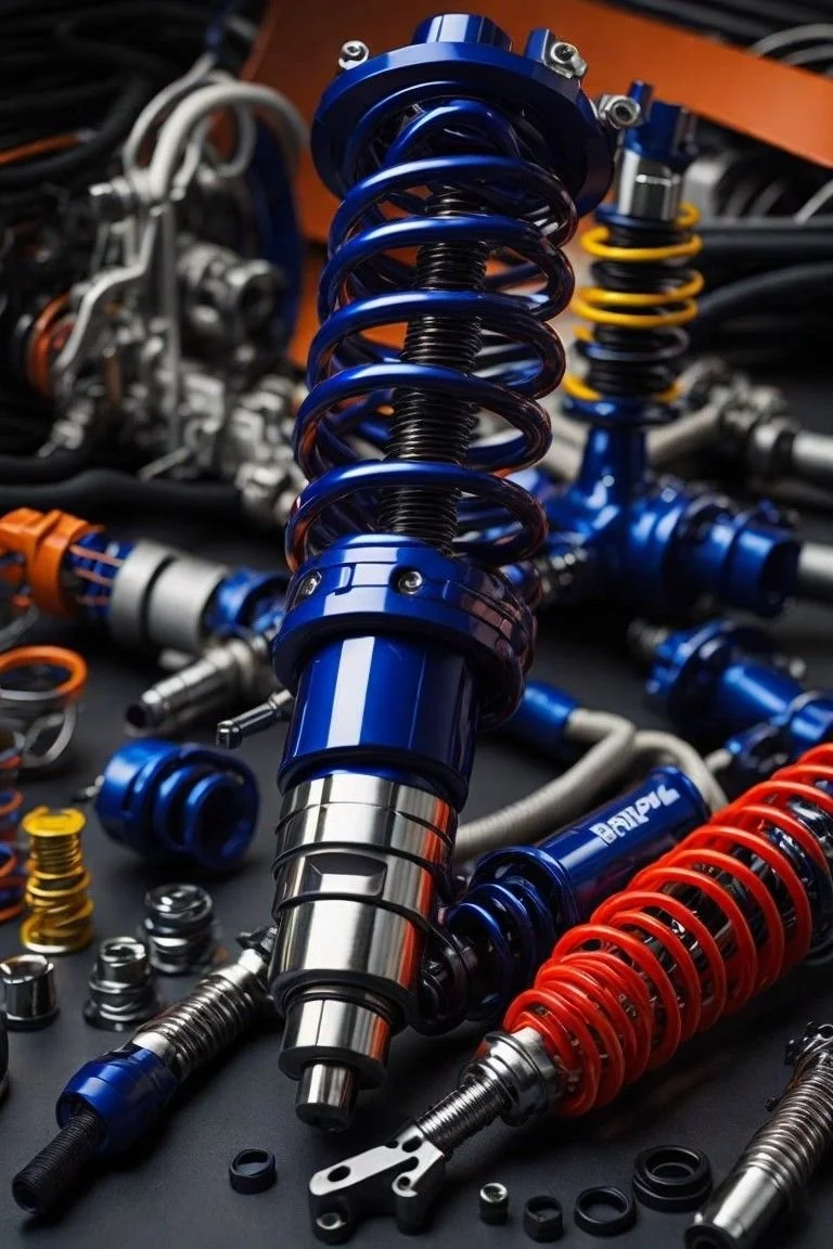 Aftermarket coil over suspension shocks configured for automotive performance tuning.