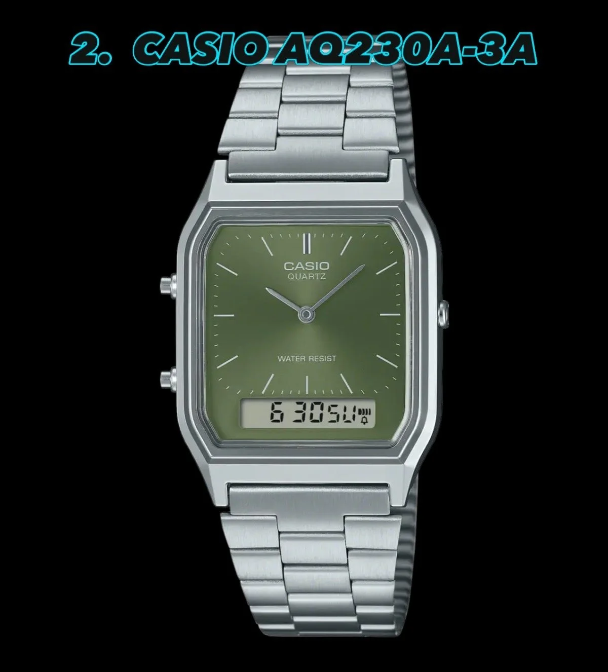 Casio watch with a green dial that has both digital and analog time