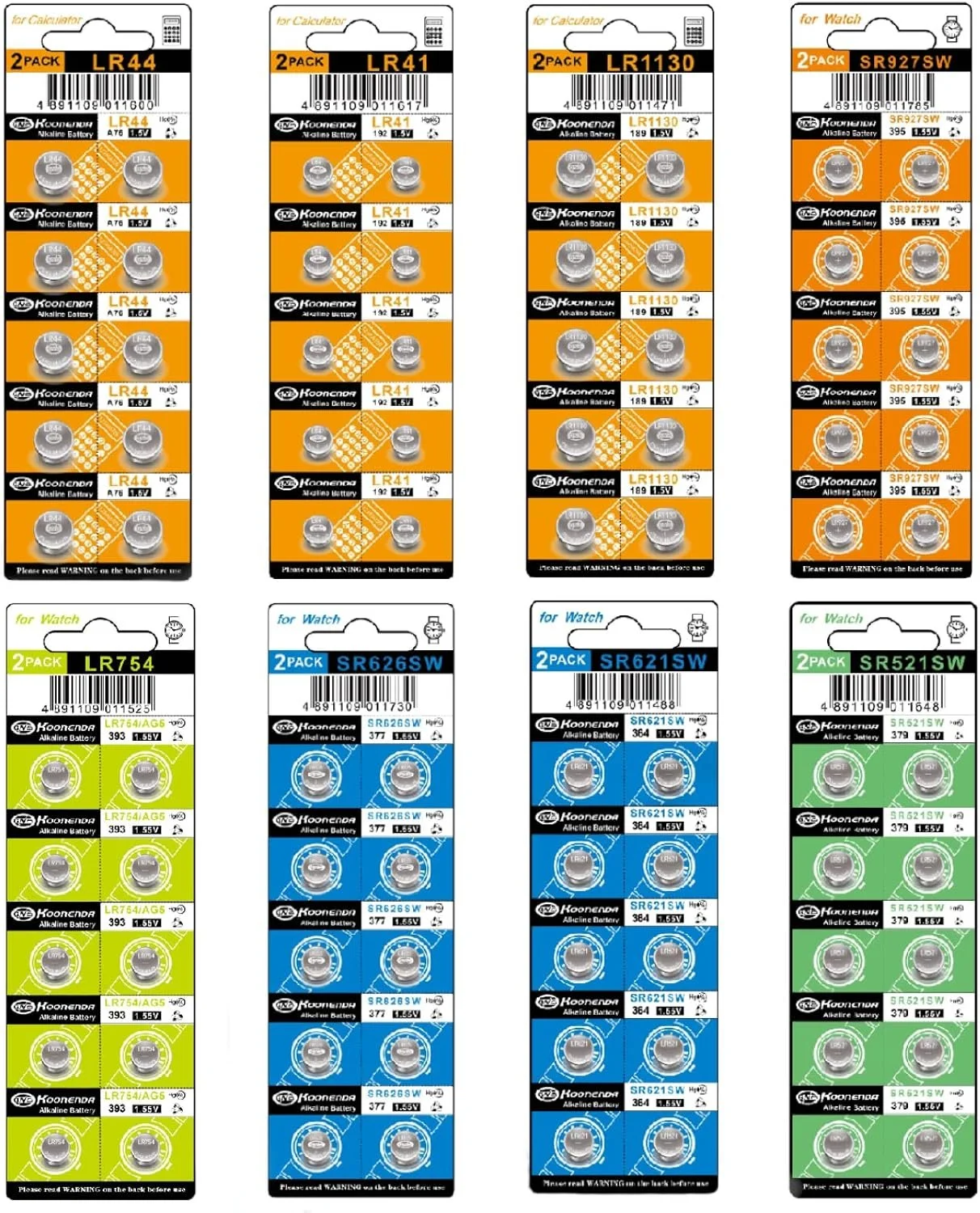 A collection of eight packs of alkaline batteries from various brands, each pack containing six batteries. The packs are color-coded: orange for LR44, LR41, LR1130, and SR927SW; yellow for LR754/AG5; blue for SR626SW and SR621SW; green for SR521SW. Each pack displays battery specifications, barcode, and brand logo.