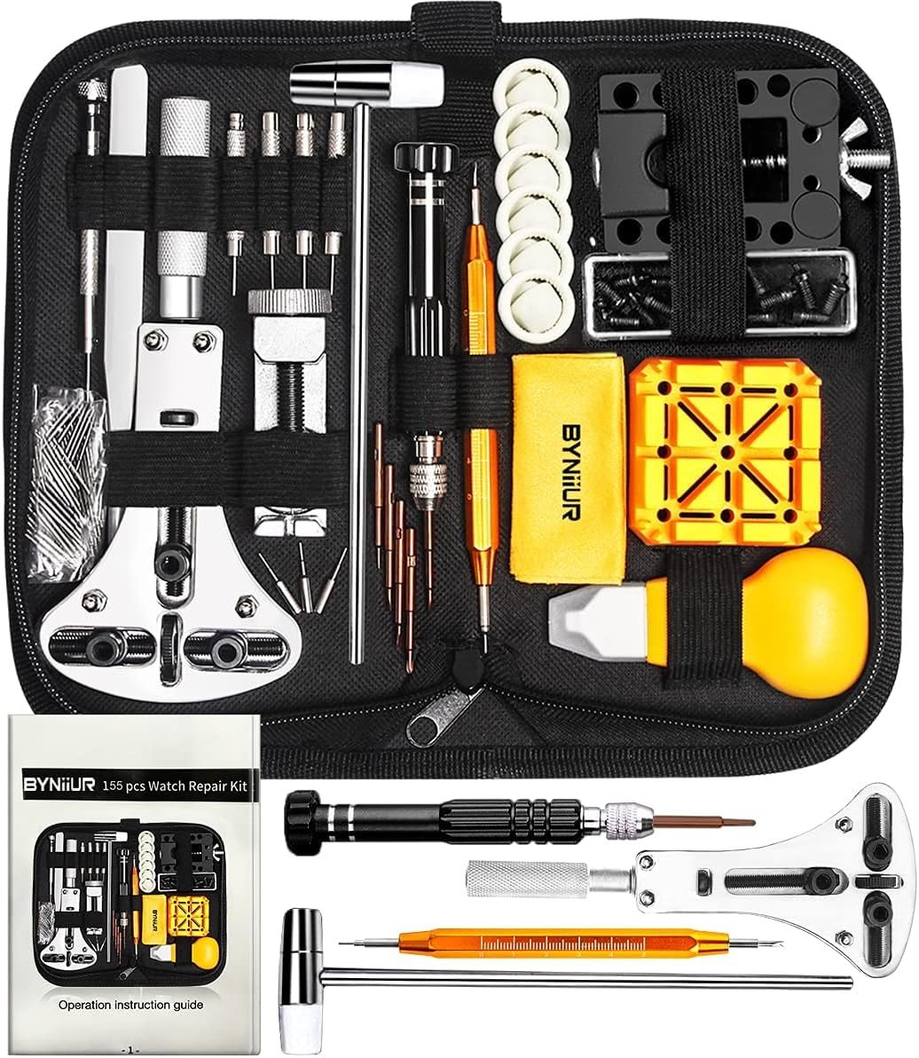 A watch repair toolkit with various tools organized in a black case, including screwdrivers, tools, a case for parts, and a instruction manual.