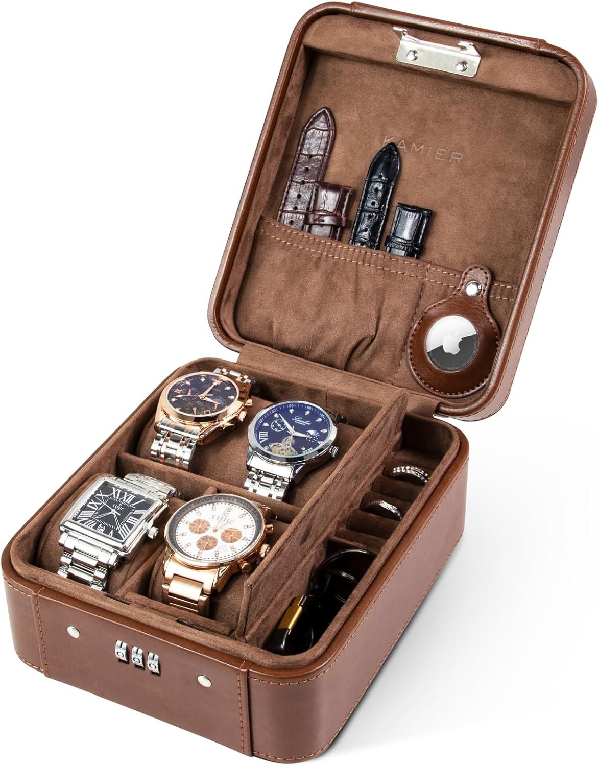 Brown leather watch case open showing four wristwatches, watch straps, rings, and a small apple logo tag inside.