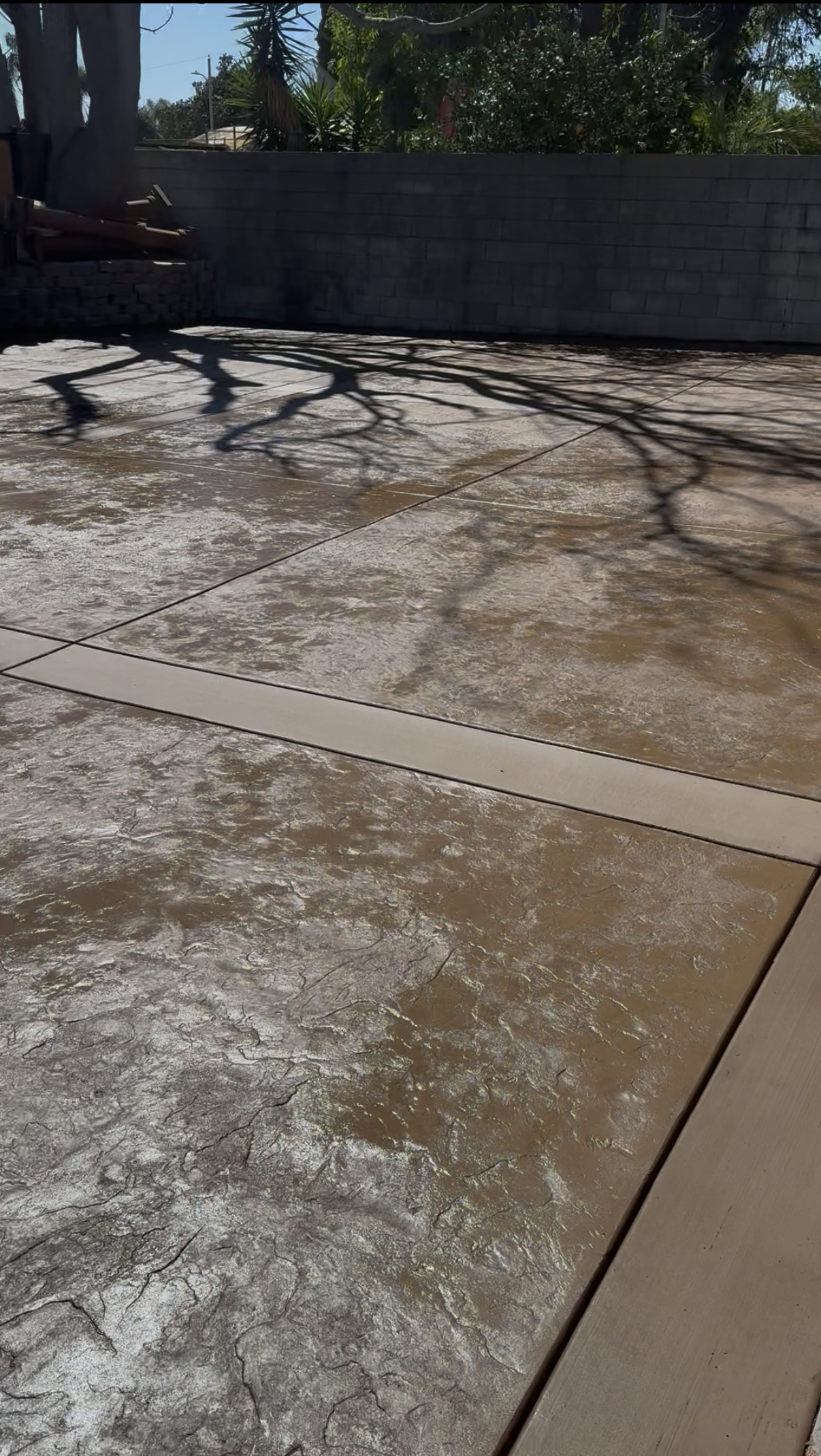 View of a concrete patio with stamped finish.