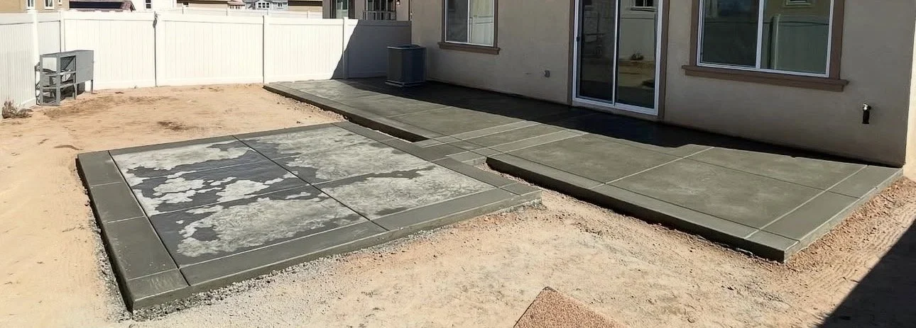 Backyard with a newly poured concrete patio next to a house with a sliding glass door. The patio has two sections: one with wet concrete and the other fully dried.