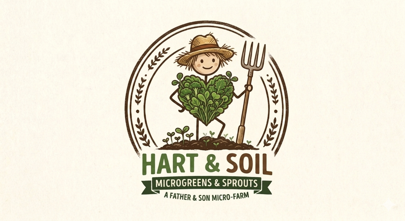 Logo featuring a child with a wide-brim hat holding a pitchfork, with a large heart-shaped leafy vegetable, surrounded by circular leaf motifs, and text that reads "Hart & Soil Microgreens & Sprouts" with a tagline "A Father & Son Micro-Farm."