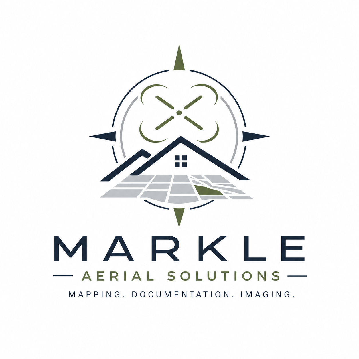 Logo for Markle Aerial Solutions featuring a house with a solar panel roof, a compass, and a drone with circular camera view, with the company name and tagline for mapping, documentation, and imaging.