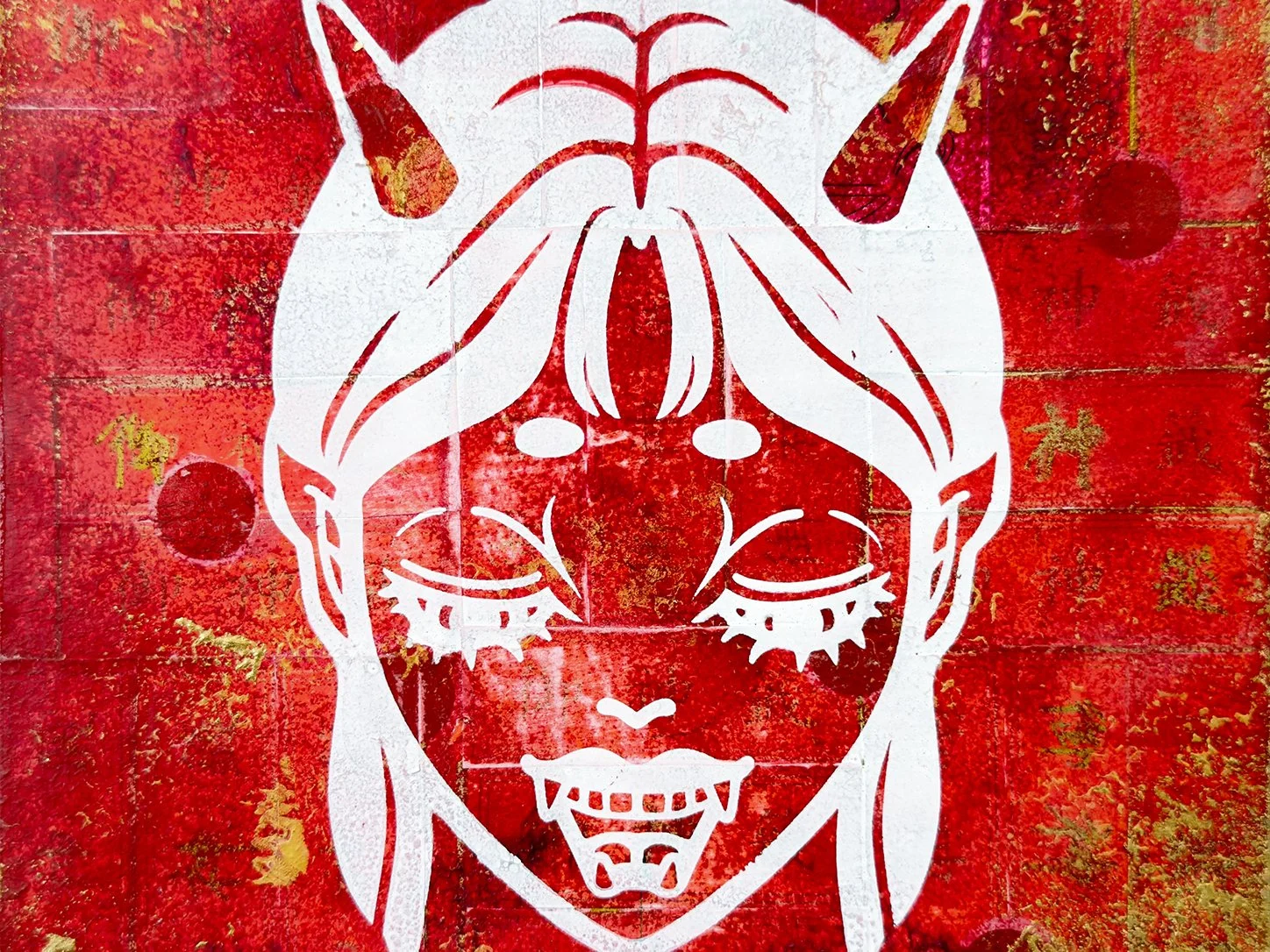 Mixed-media Oniko artwork on a wooden panel, depicting a female Japanese oni as a protective guardian using washi, pigment, acrylic, and gold.