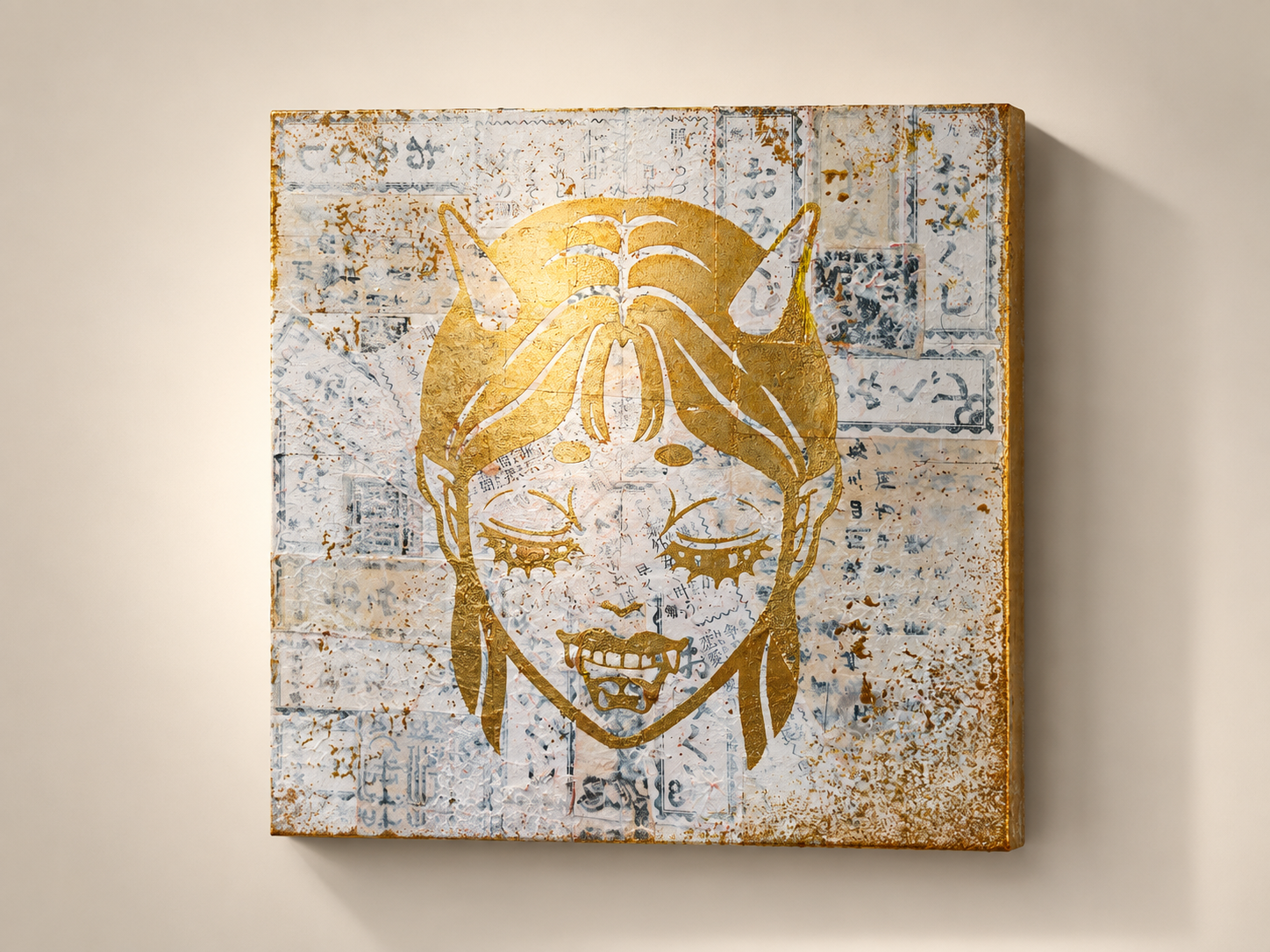Mixed-media Oniko artwork on a wooden panel, depicting a female Japanese oni as a protective guardian using washi, pigment, acrylic, and gold.
