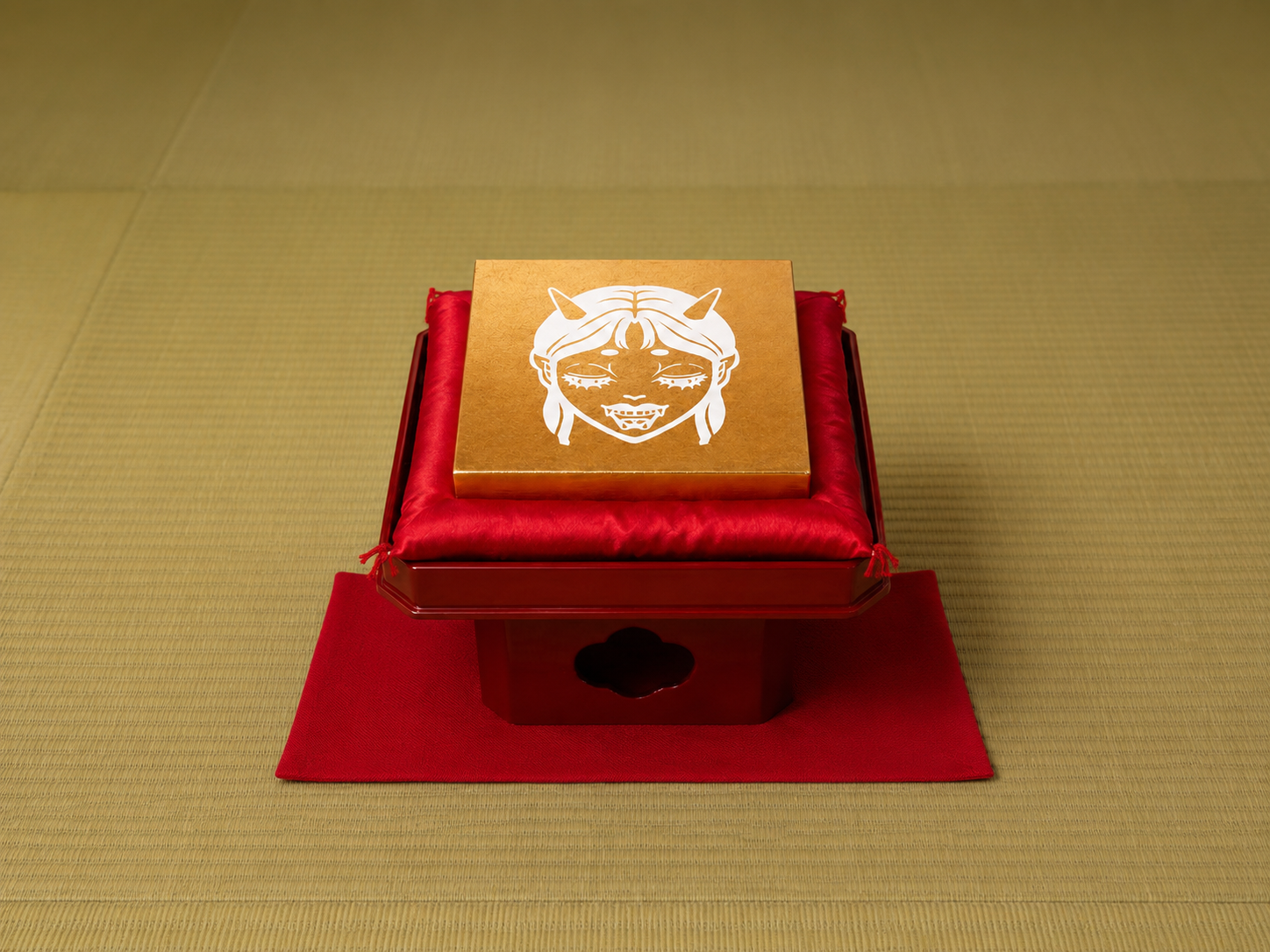 Installation view of Oni as Guardian at Akagi Shrine in Kagurazaka, Tokyo, featuring Oniko artworks displayed on tatami and red cushions.