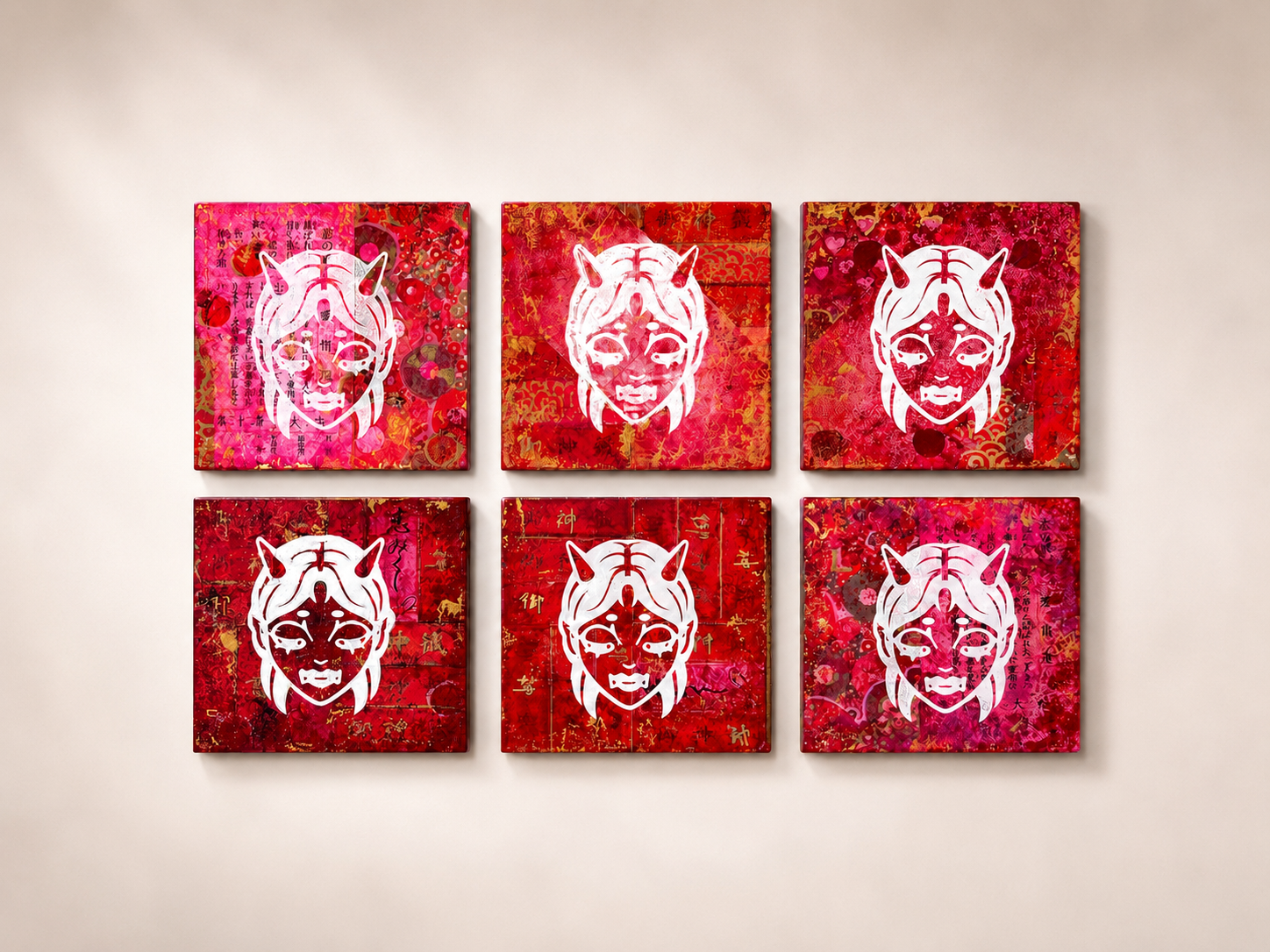 Mixed-media Oniko artwork on a wooden panel, depicting a female Japanese oni as a protective guardian using washi, pigment, acrylic, and gold.