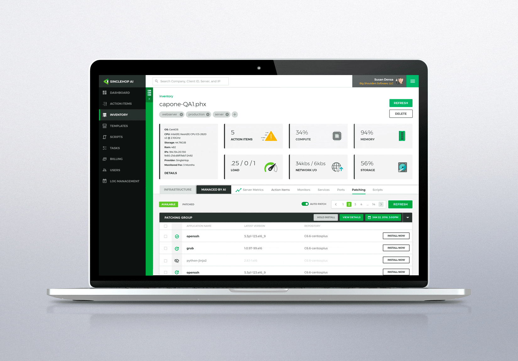 AI Patching Interface: Server details patching information tab