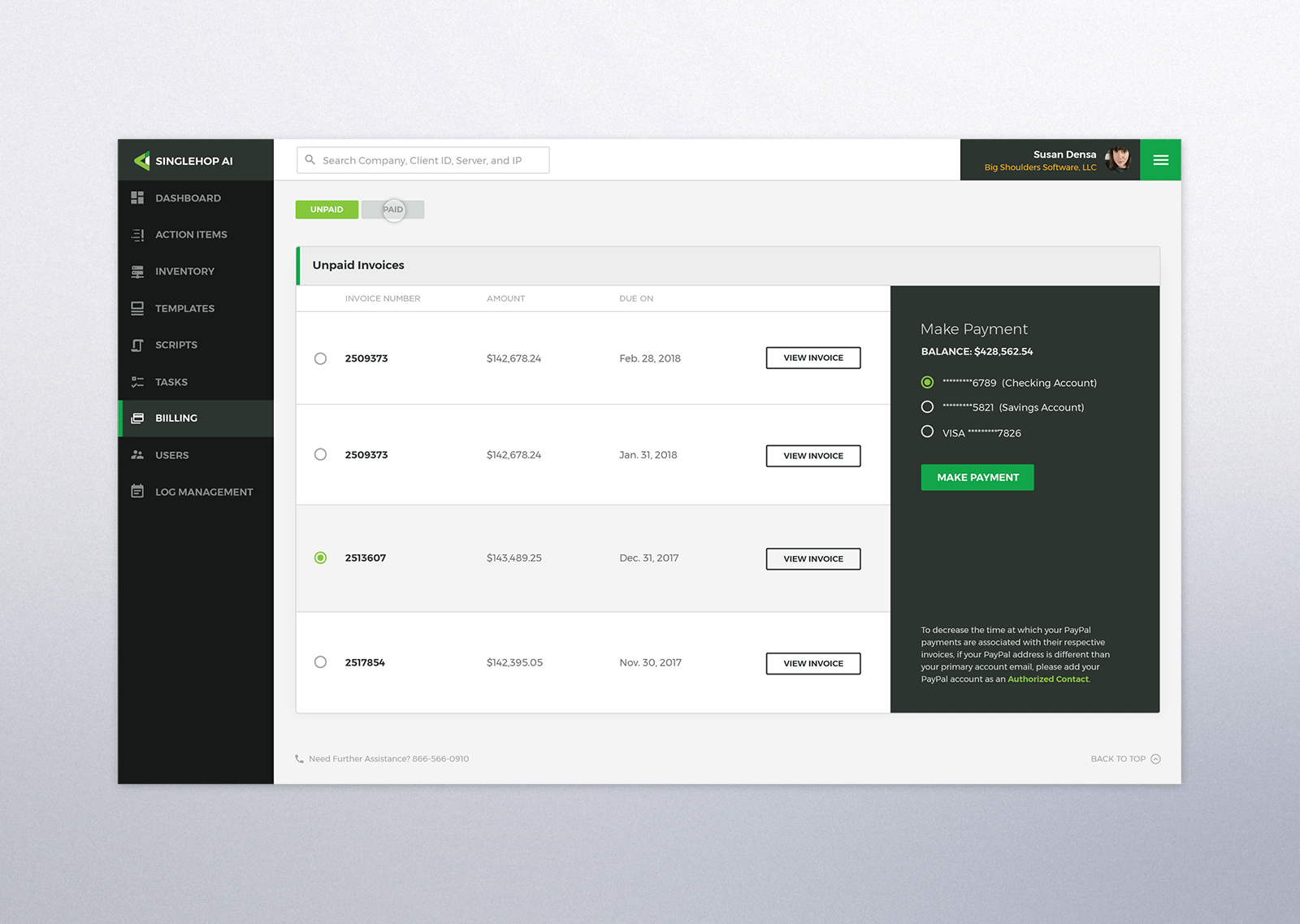AI Billing Portal: Unpaid and paid invoice interface