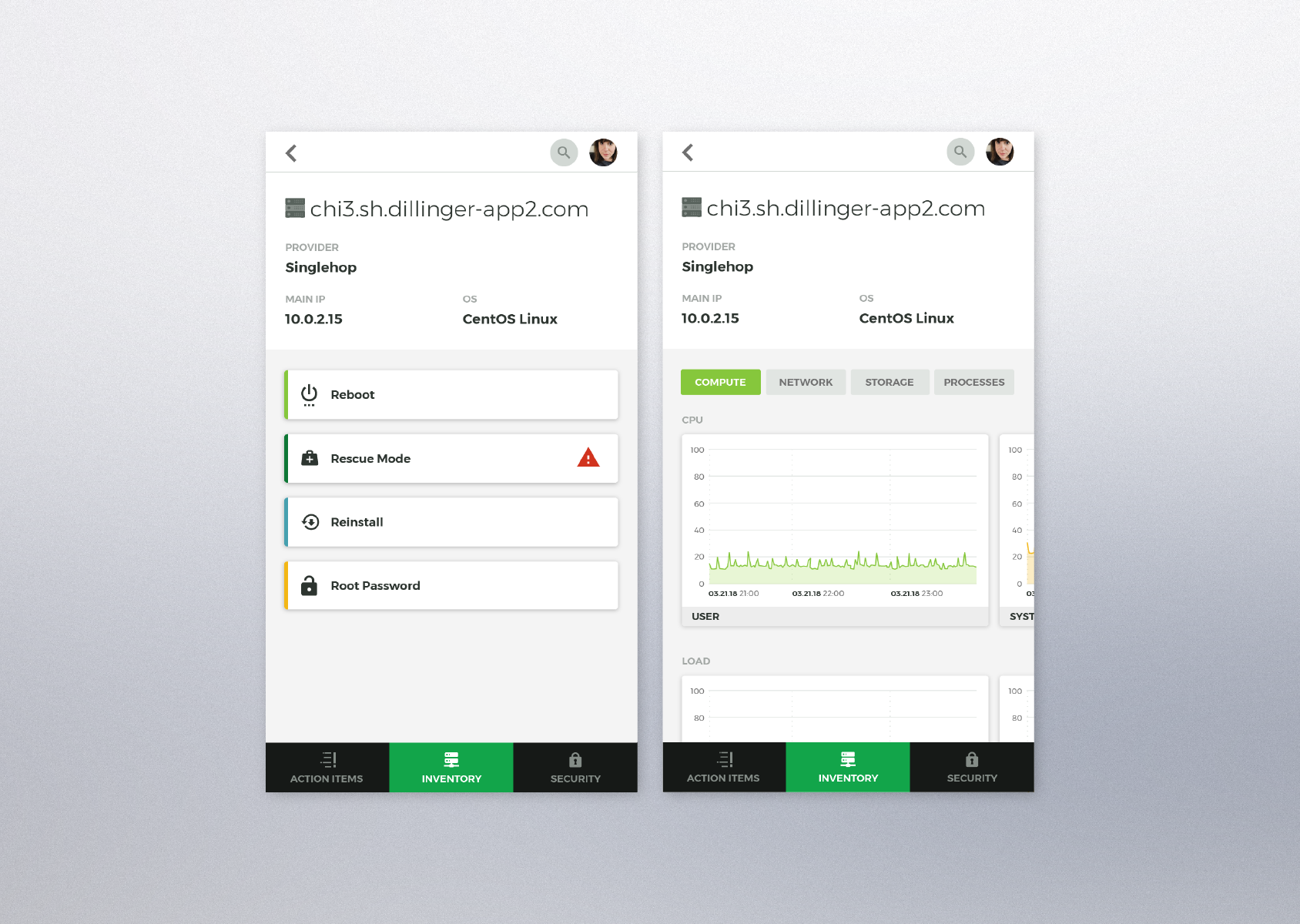 AI Mobile: Server Details Infrastructure Screen & Server Details Server Metrics Screen