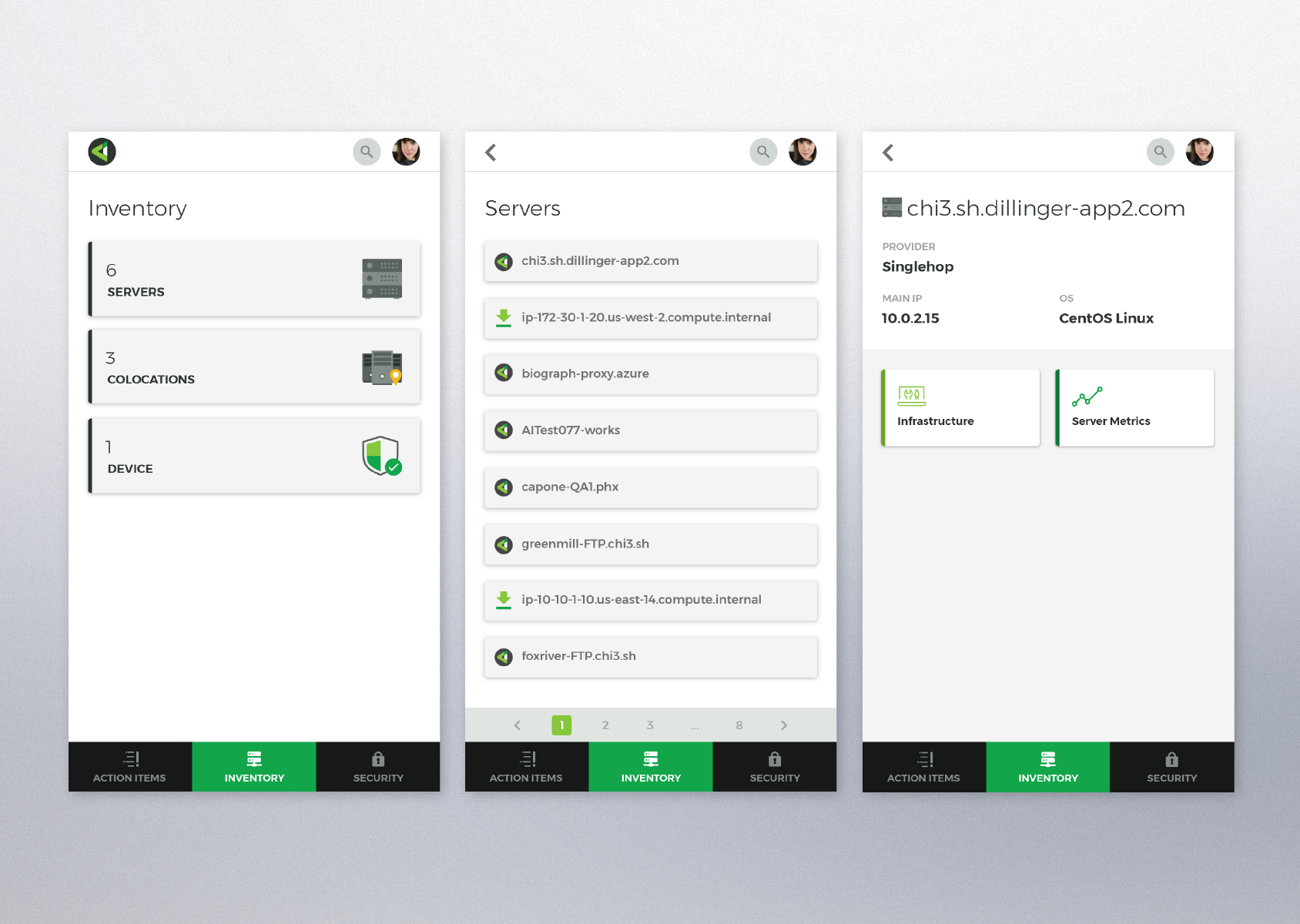 AI Mobile Interface: Inventory Screen, Servers Screen, & Server Details Screen