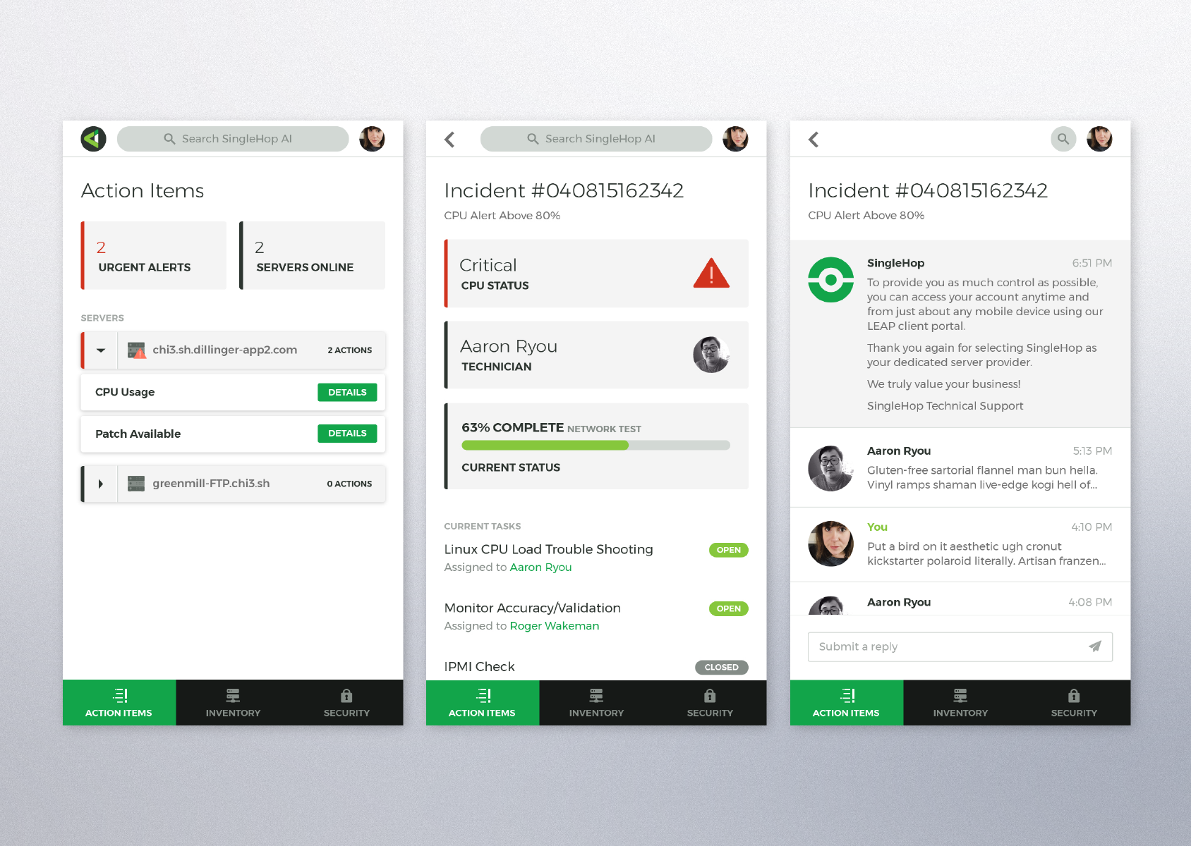 AI Mobile Interface: Action Item Alert Screen, Action Items Details Screen, & Support Messaging Screen