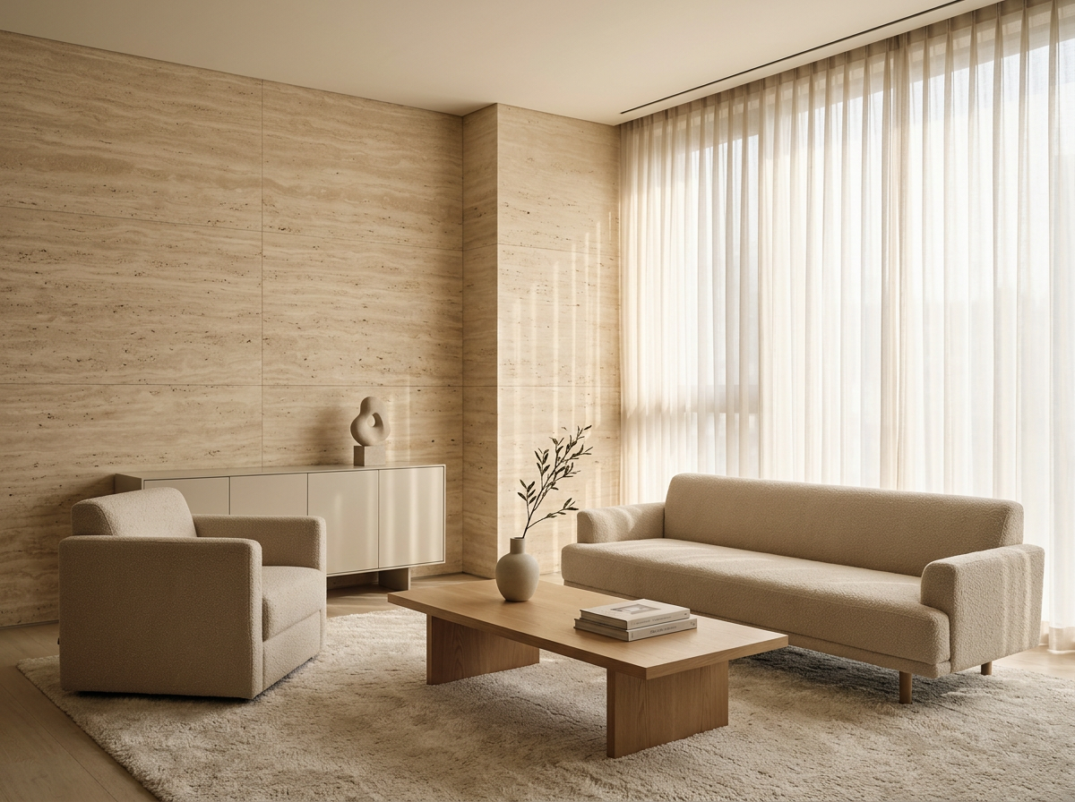 Minimalist living room with beige sofa and armchair, wooden coffee table with books and vase, cream curtains, and a textured beige wall.