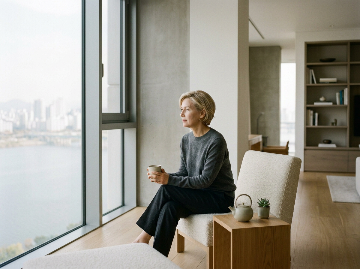 A woman sits on a cream-colored chair, looking out a large window at a cityscape and river, holding a mug in her hands in a modern living room.