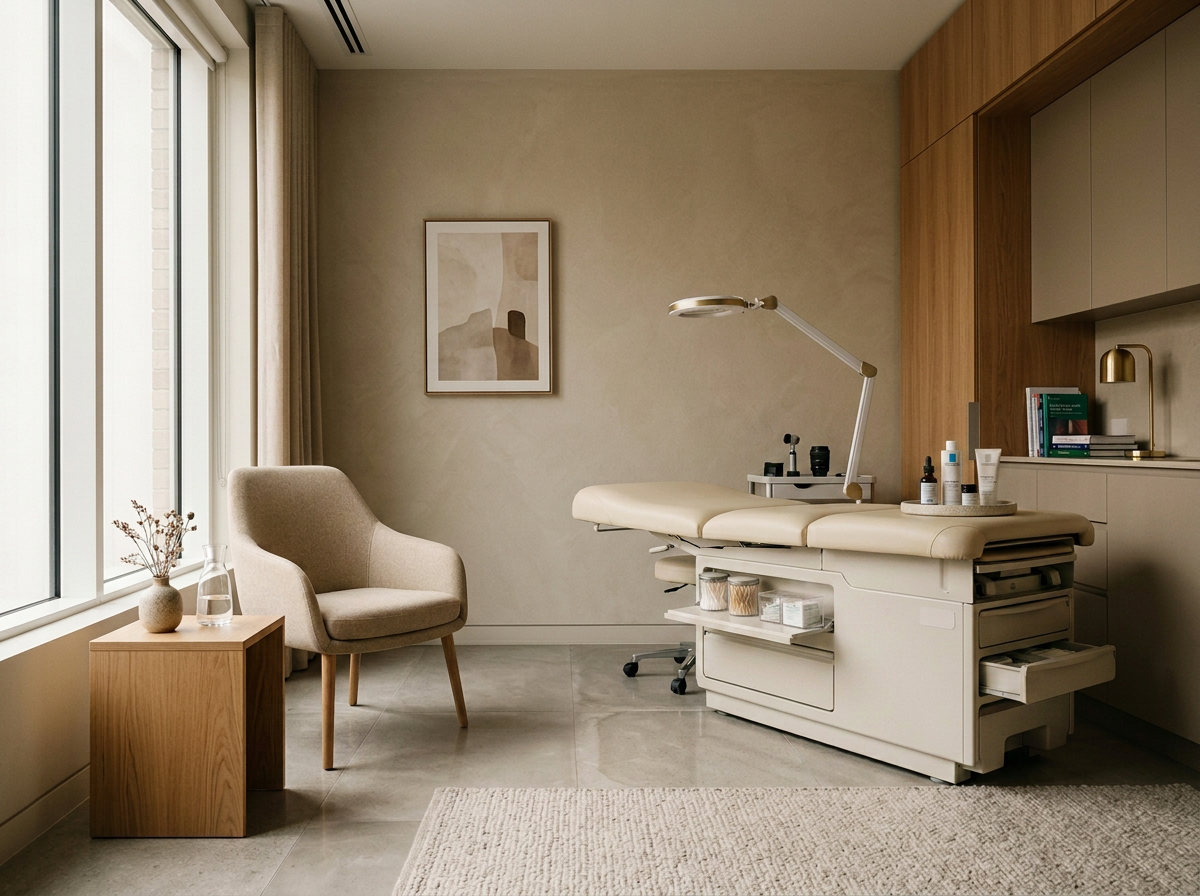 A medical examination room with a beige treatment bed, a cream-colored armchair, a wooden side table with a vase and water, a large window with curtains, and shelves with medical supplies and books.