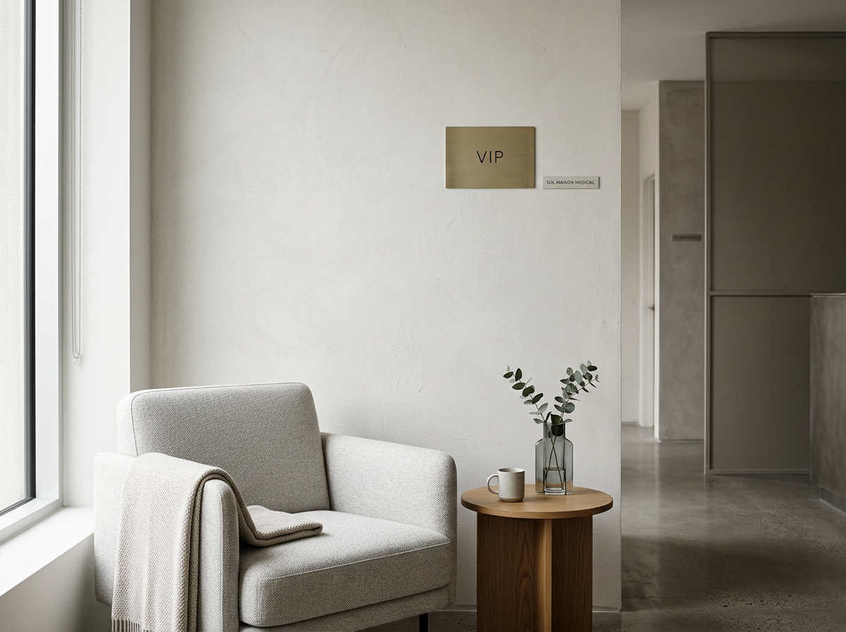 Modern waiting area with a light gray armchair, a round wooden side table with a white mug and a glass vase with eucalyptus branches, a VIP sign on the wall, and a textured white wall with minimal decor.