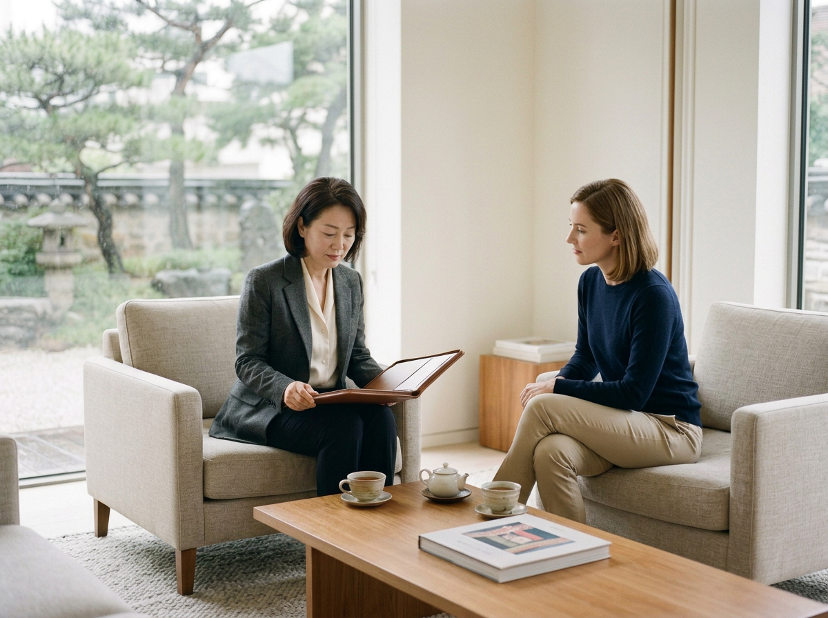 Two women sit across from each other in a bright, cozy room with large windows overlooking a garden. One woman, in a dark blazer, is showing a book or document to the other woman, who is dressed in a navy sweater and beige pants. A wooden coffee table with teacups, a teapot, and a large book is in front of them.