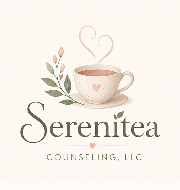 A logo for Serentiea Counseling, LLC, featuring a steaming cup of tea with a heart on it, surrounded by green leaves, and the company name written below.