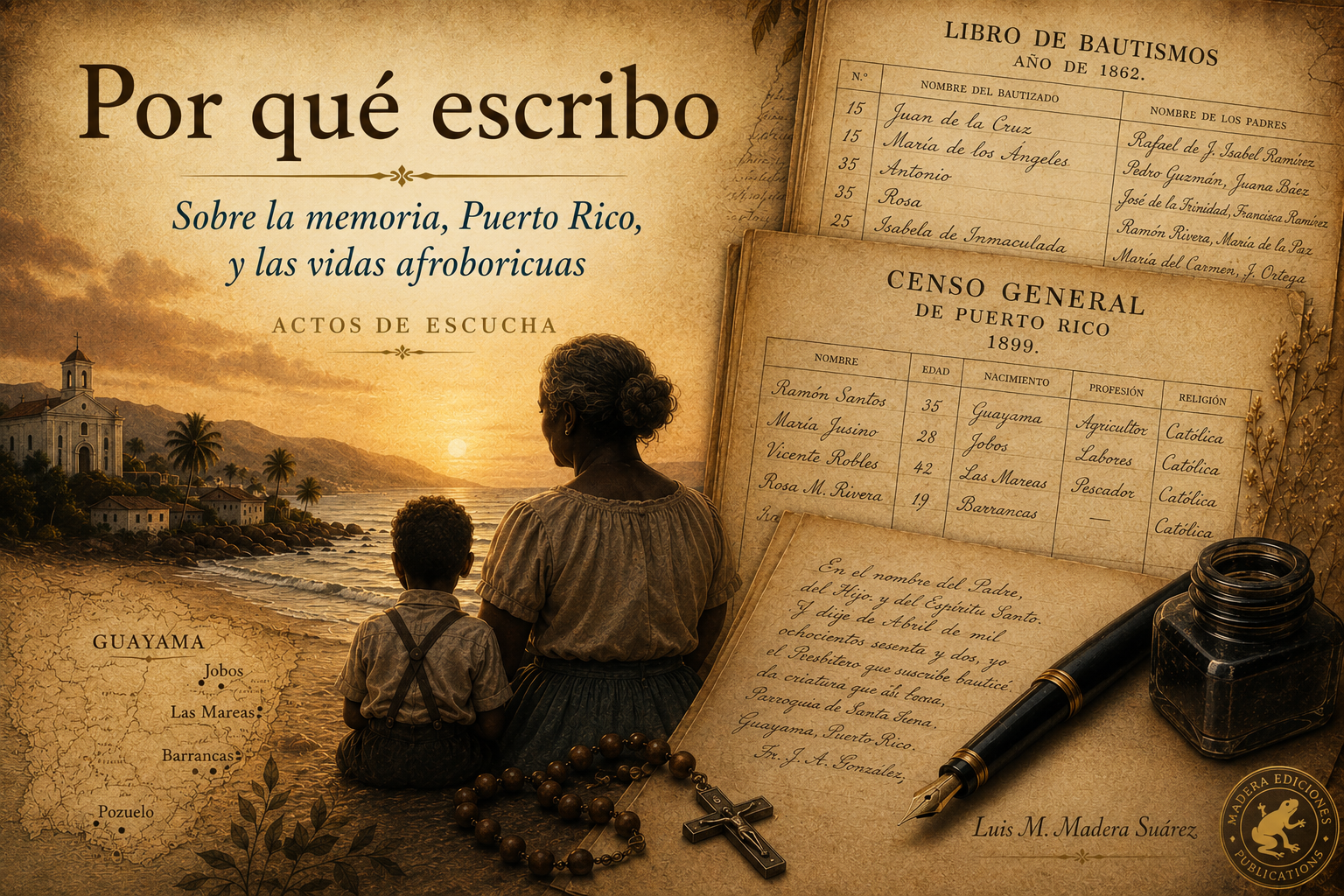 Ilustración del ensayo Por qué escribo sobre vidas afroboricuas, con archivos históricos y un paisaje de Guayama.