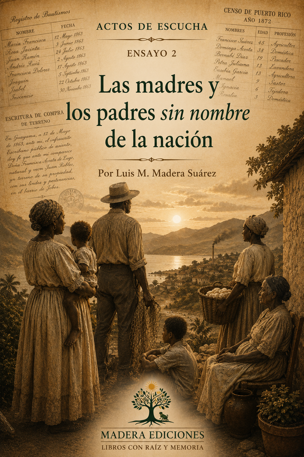 Ilustración del ensayo Las madres y los padres sin nombre de la nación, con una familia afroboricua frente al paisaje de Guayama.