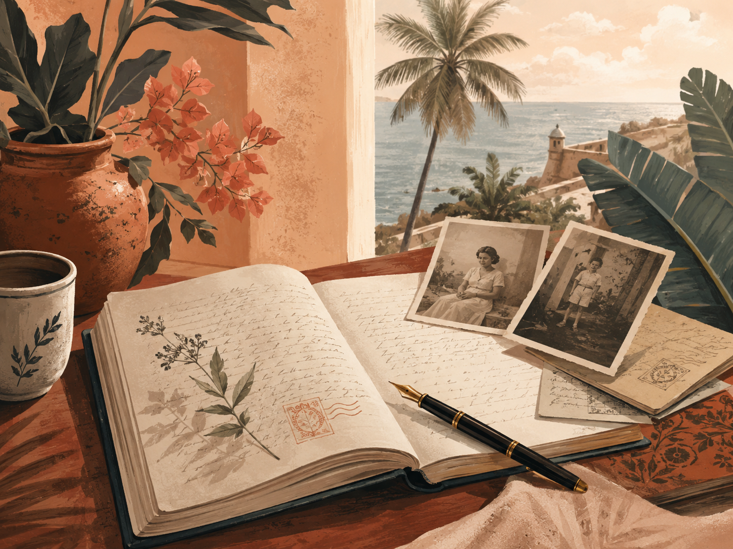 Cuaderno abierto, fotografías familiares y documentos frente a un paisaje costero de Puerto Rico.
