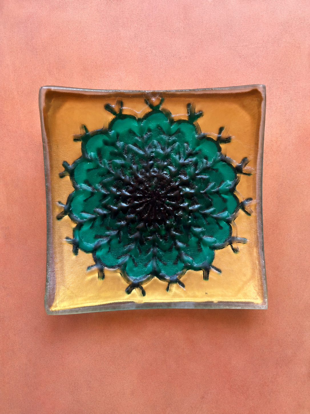 Decorative small square glass tray with a gold and green cactus design