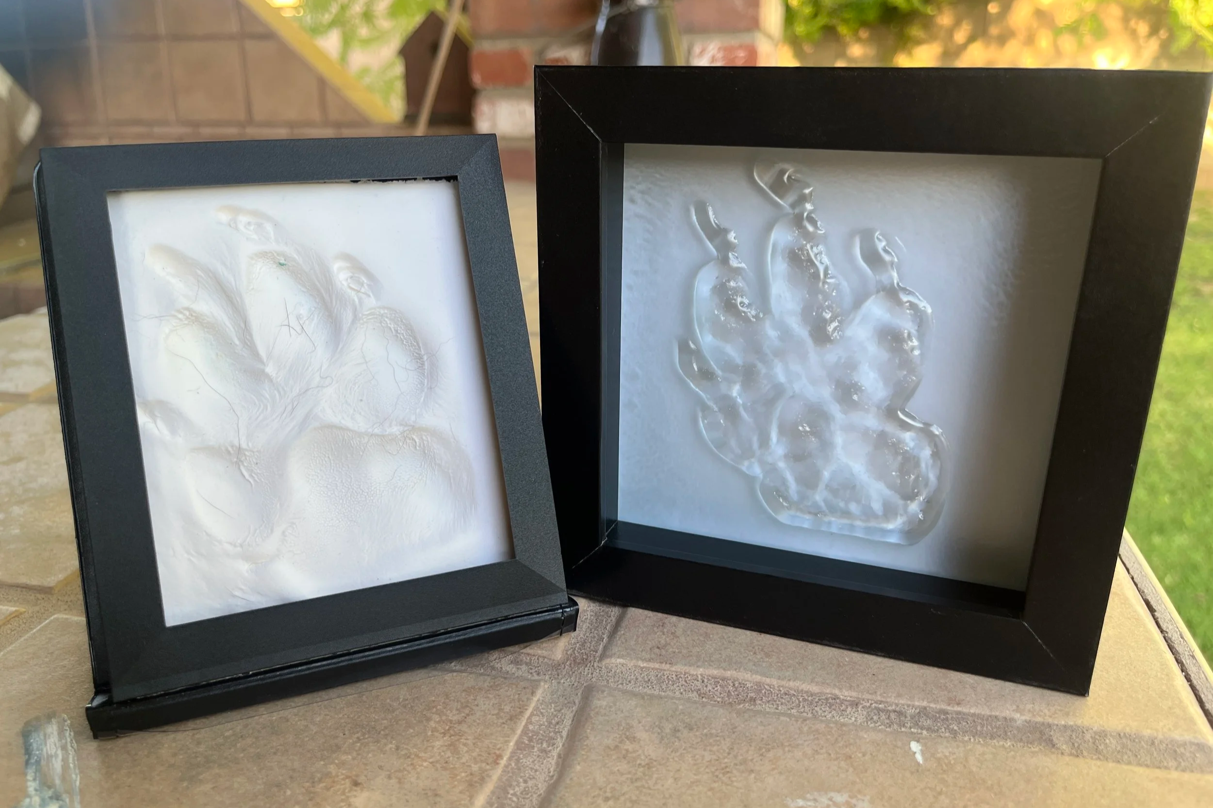 A pet memorial glass pawprint standing next to a plaster pet pawprint