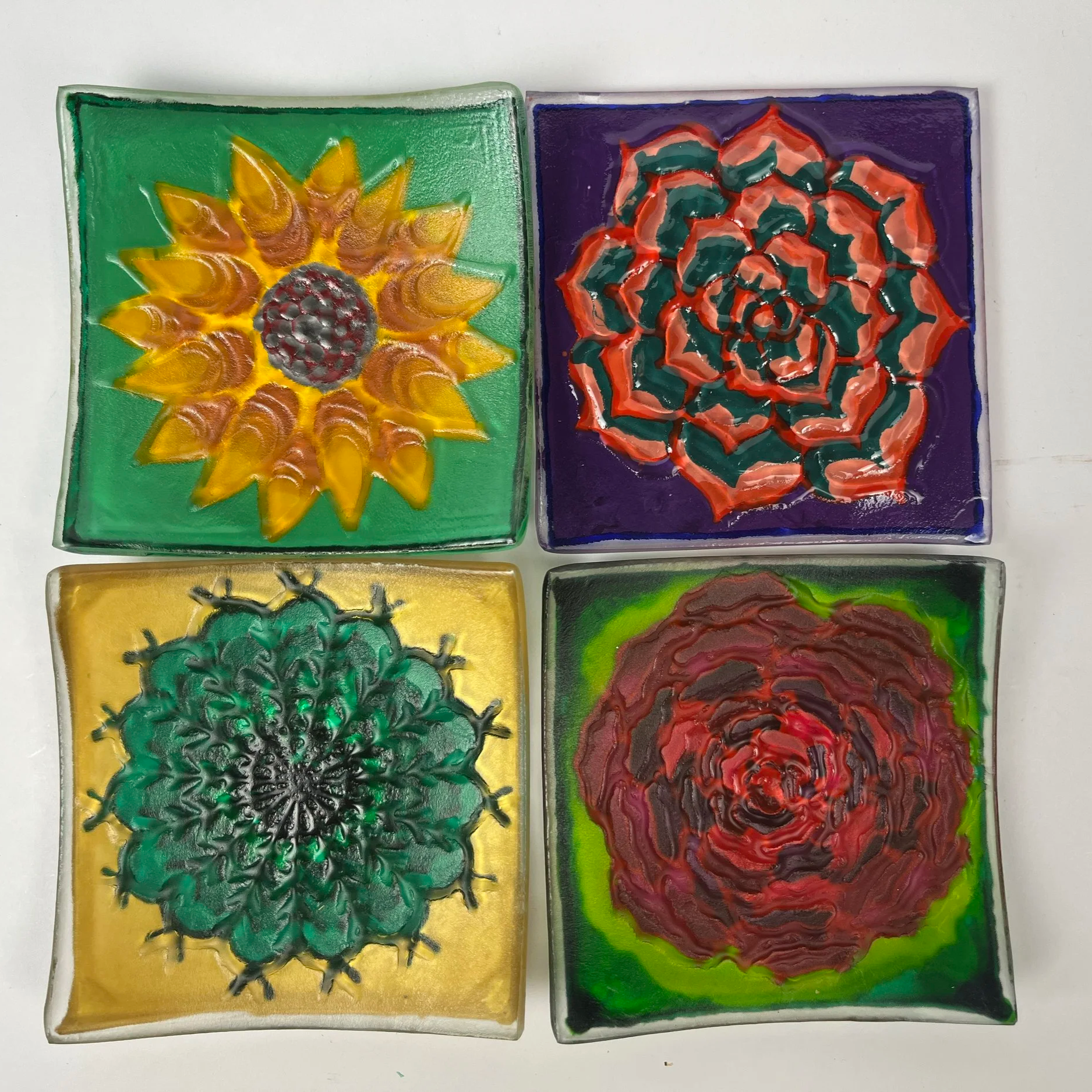 Nature inspired small textured glass trays and bowls with cactus, succulent, and flower designs